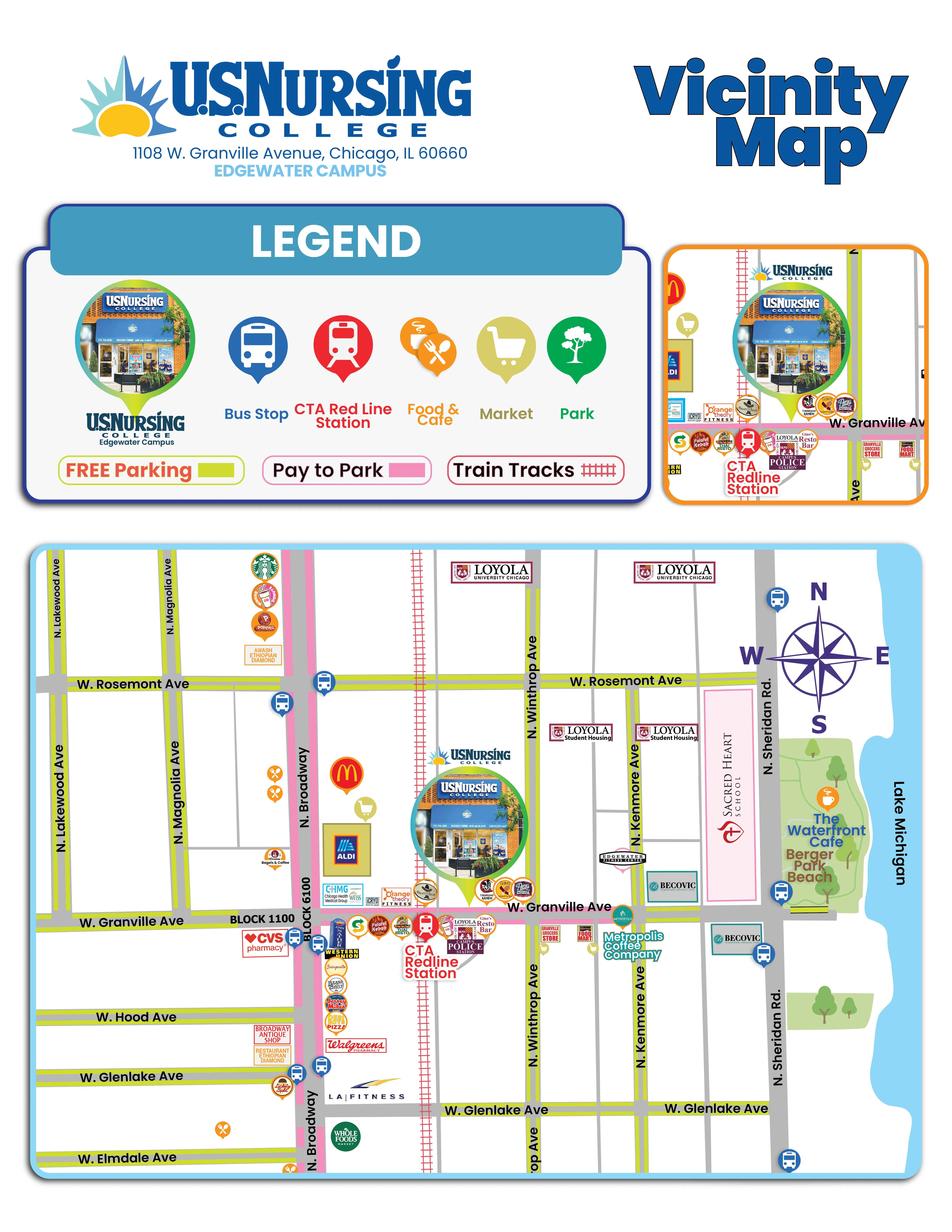 Vicinity map showing U.S. Nursing College's Edgewater Campus and nearby bus stops, CTA Red Line station, food and cafes, markets, and parks