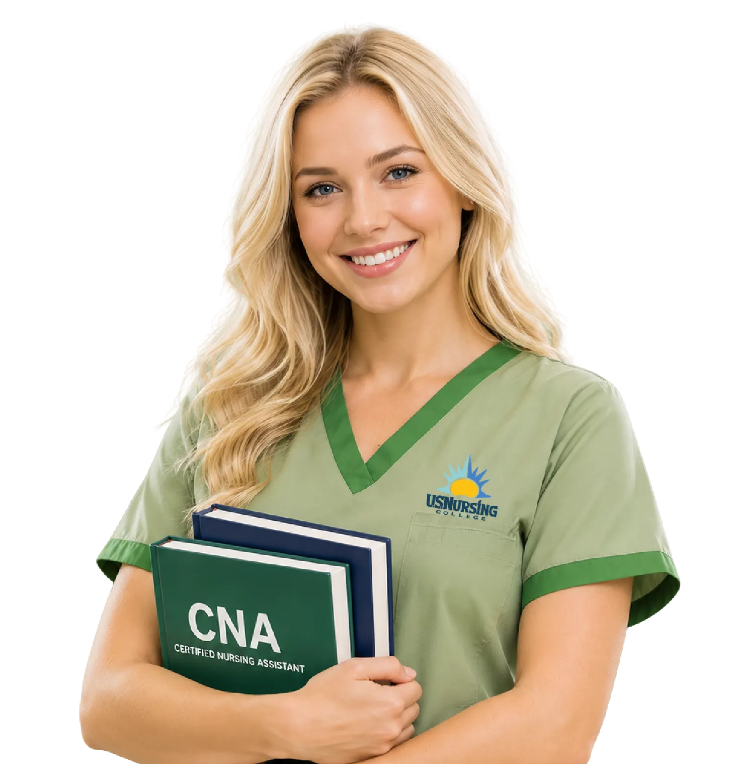 CNA student holding nursing textbooks