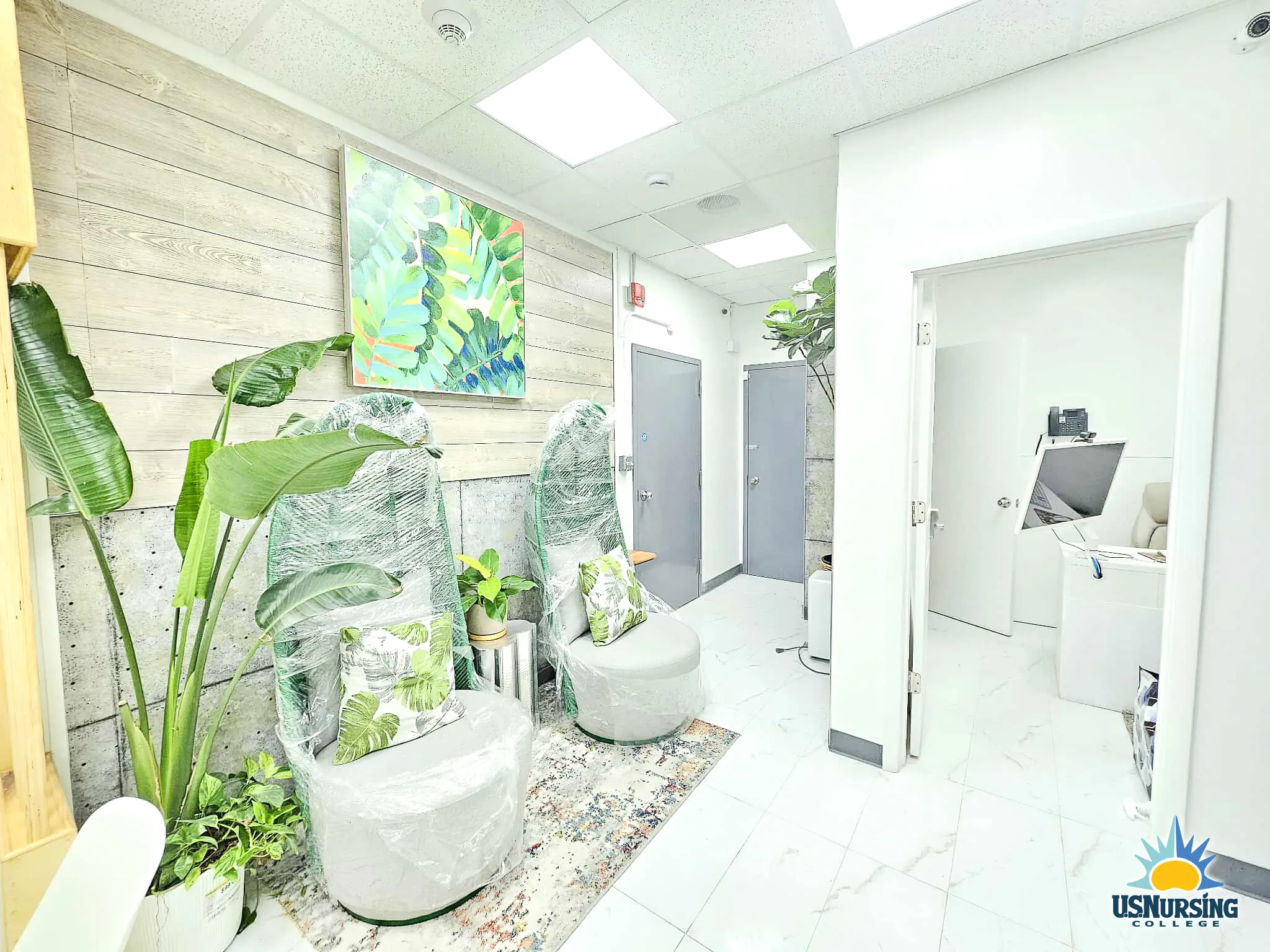 Campus wellness corner with indoor plants and water feature