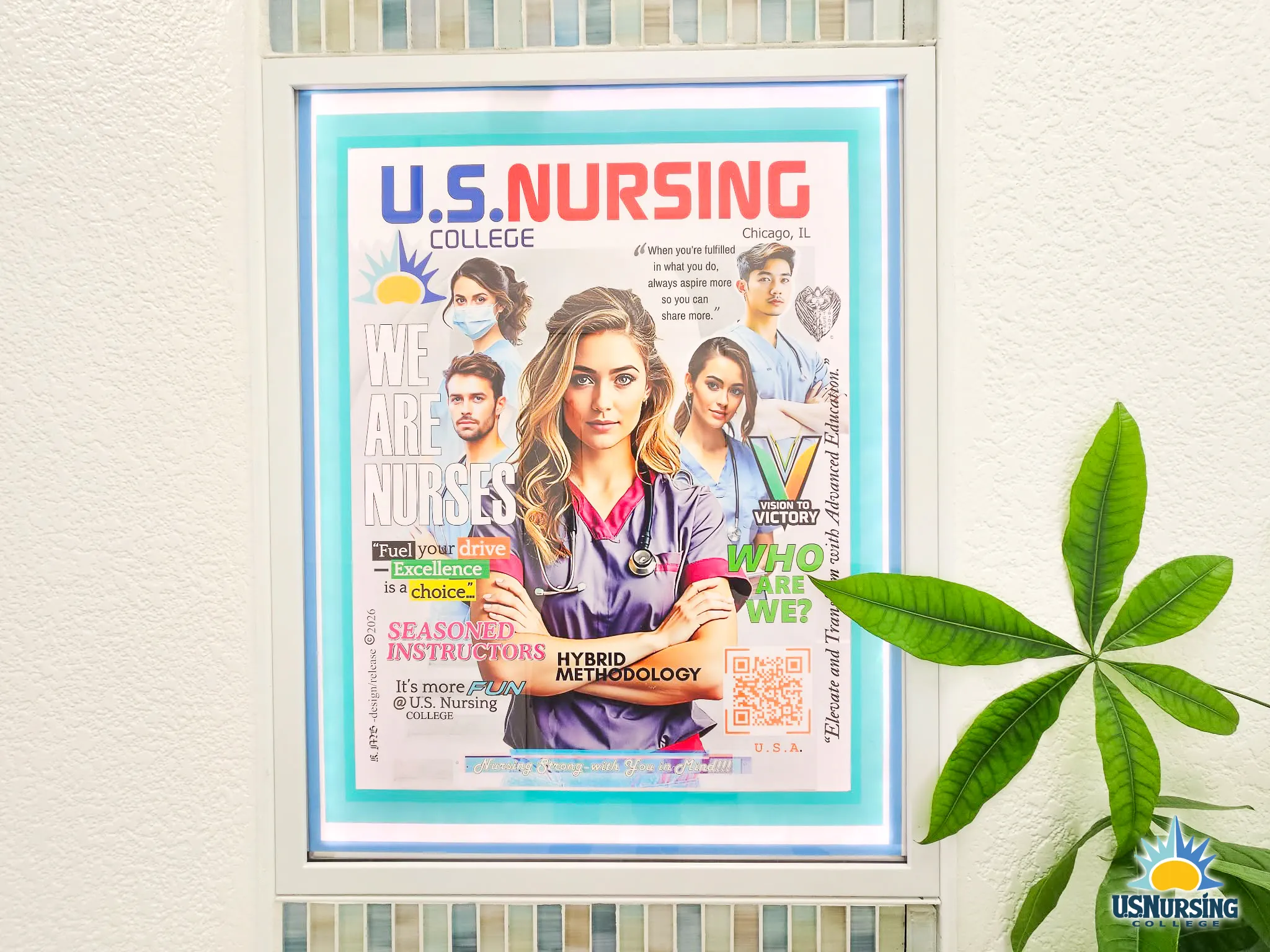 Framed U.S. Nursing College feature display in a campus hallway