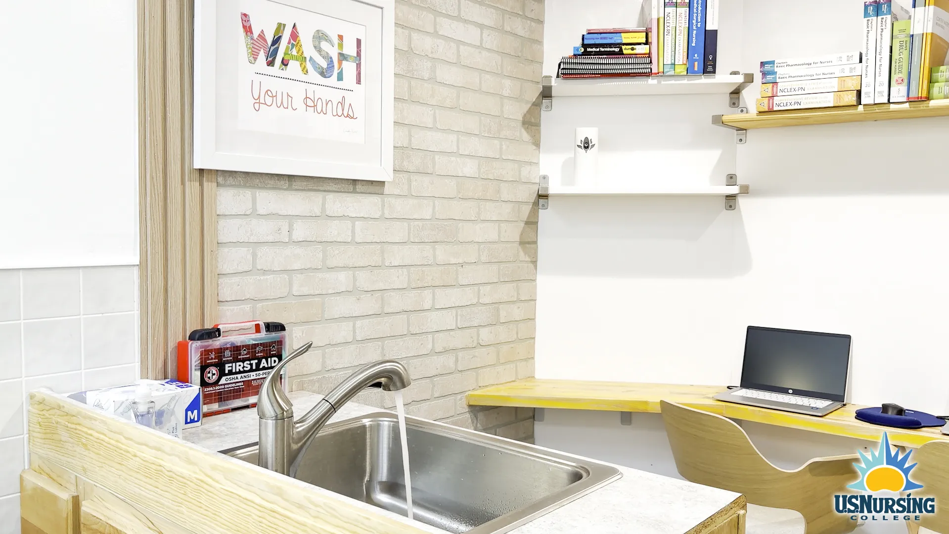 Clinical skills practice station with sink and learning resources