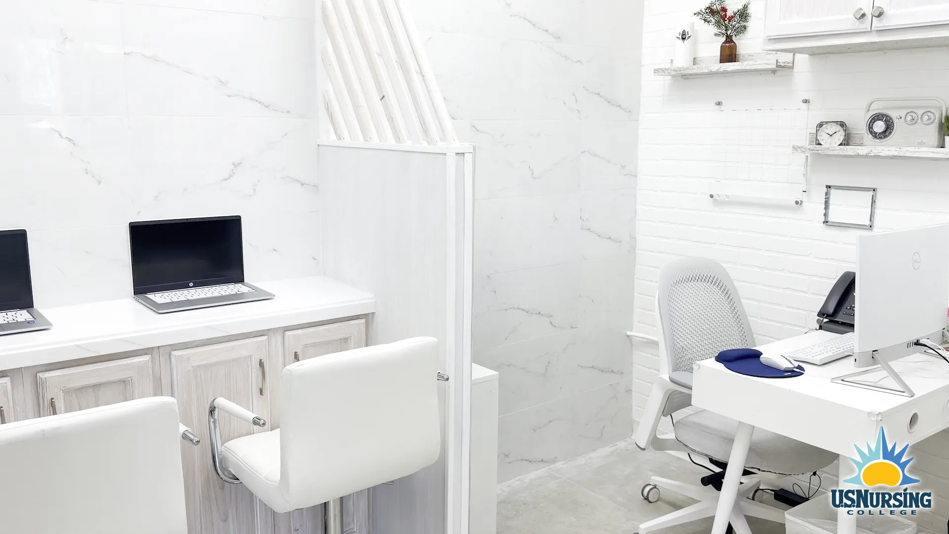 Clinical consultation room with examination chair and diagnostic equipment