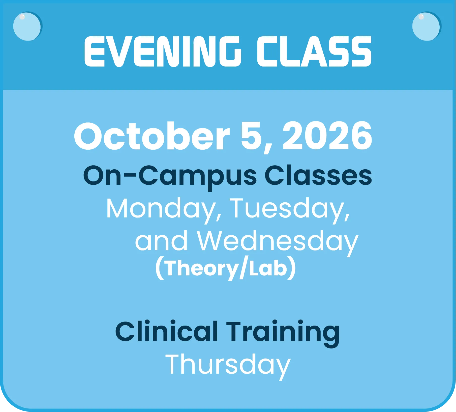 LPN evening class schedule beginning October 5, 2026