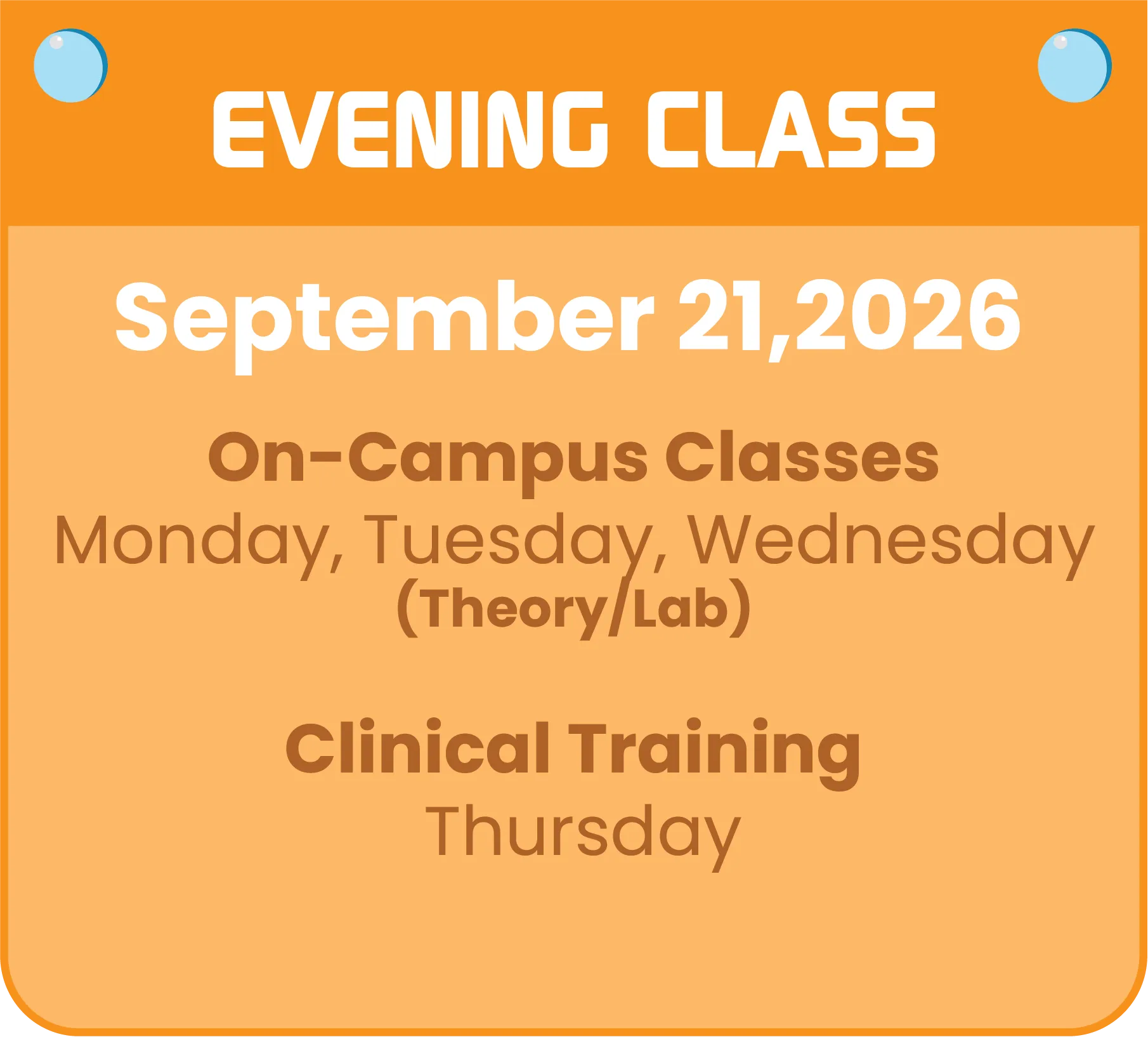 CNA evening class schedule beginning September 21, 2026