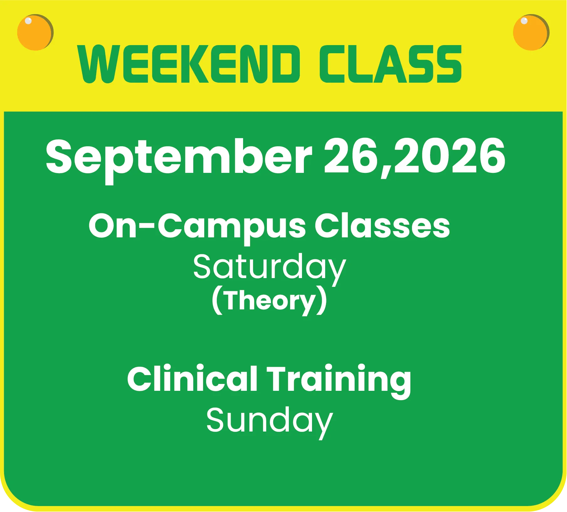 CNA weekend class schedule beginning September 26, 2026